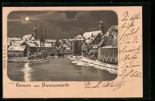 Winter-Lithographie Donauwörth, Uferpartie bei Vollmond