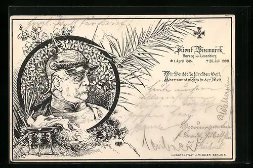 Künstler-AK Fürst Bismarck Herzog von Lauenburg mit Pickelhaube