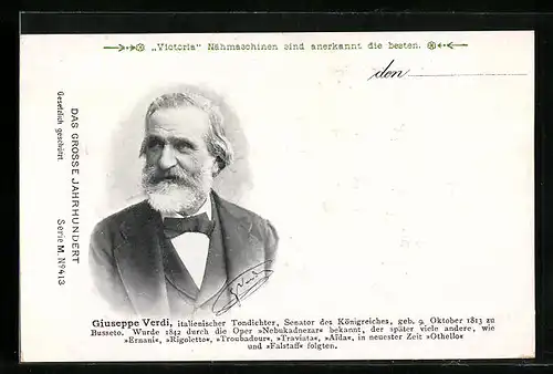 AK Guiseppe Verdi, Italienischer Tondichter, Senator des Königreiches, Geb. 1813