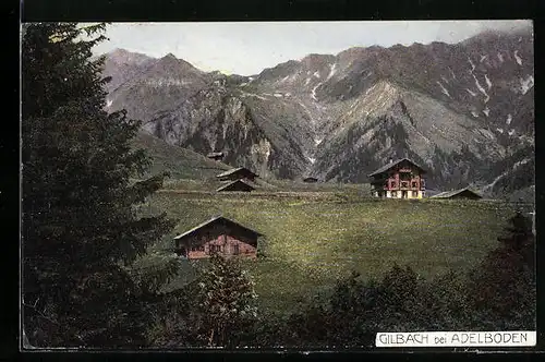 AK Gilbach bei Adelboden, Almhütten vor Bergkulisse