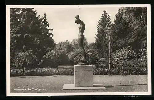 AK Winterthur, Statue im Stadtgarten
