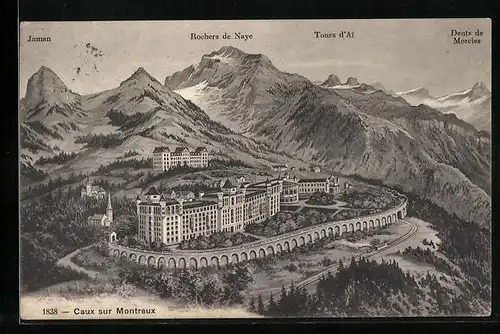 AK Caux sur Montreux, Hotelanlage mit Berggipfeln