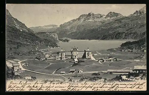 AK Maloja, Ortsansicht mit See und Bergpanorama