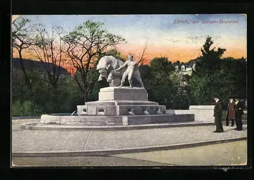 AK Zürich, Geiser-Brunnen mit Besucher-Trio