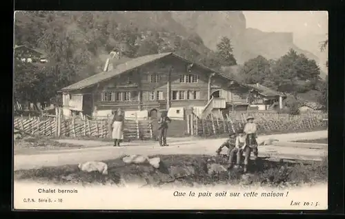 AK Berner Oberland, Chalet mit Strasse und Bewohnern