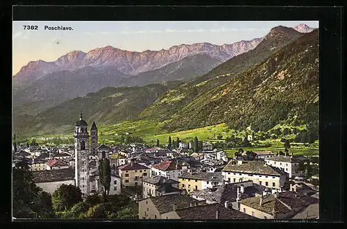 AK Poschiavo, Teilansicht mit Bergkette aus der Vogelschau