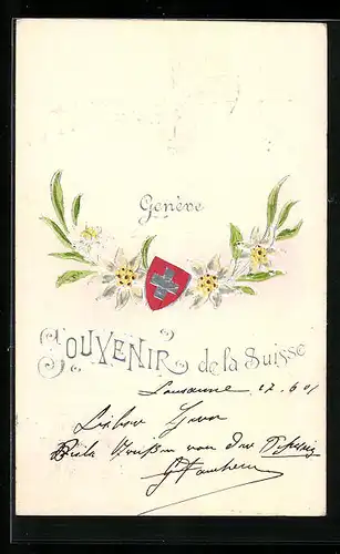 AK Genève, Souvenir de la Suisse, Edelweiss und Wappen, Panorama