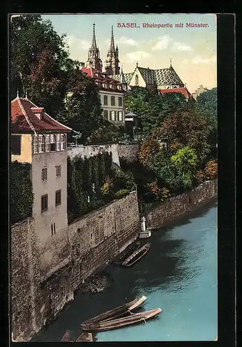 AK Basel, Rheinpartie mit Münster & Booten