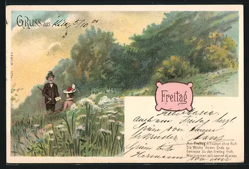 Lithographie Freitag, Paar auf Blumenwiese