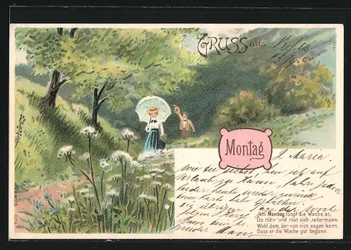 Künstler-AK Allegorie für den Montag, Spaziergang im Grünen