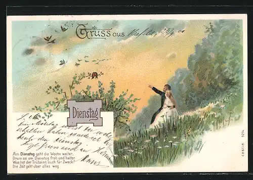 Lithographie Allegorie: Dienstag, Liebespaar auf einer Wiese