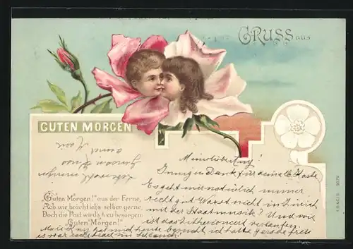 AK Guten Morgen, Köpfe eines Kinderpaares in Blüten, Metamorphose