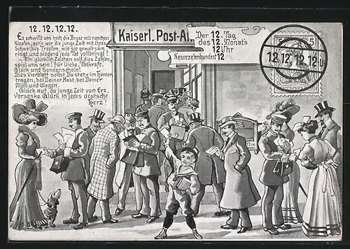 Künstler-AK Menschen vor dem Postamt am 12. Tag des 12. Monats um 12 Uhr 1912