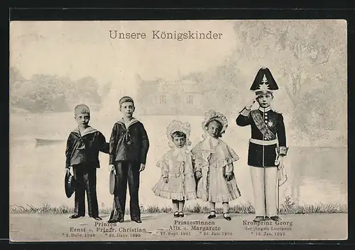 AK Unsere Königskinder, Prinzen Ernst und Friedrich Christian, Prinzessinnen Alix und Margarete, Kronprinz Georg