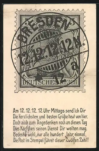 AK Kurioses Datum 12.12.1912, Briefmarke mit Poststempel