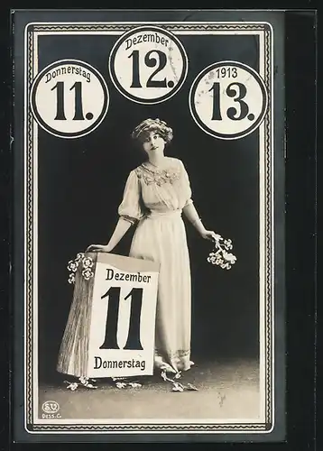AK Junge Dame mit Kalenderblatt, Datum 11.12.13