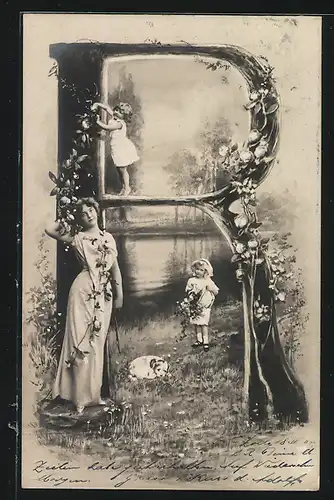 AK Buchstabe R als Baum, Maid und Kinder, Montage