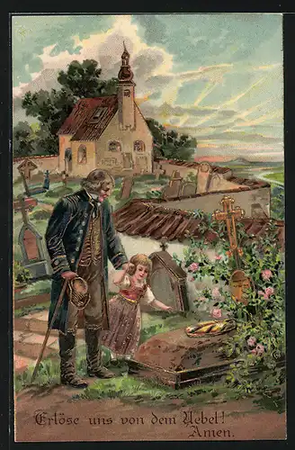 Präge-AK Amen, Mann mit Mädchen an der Hand auf dem Friedhof, Religion