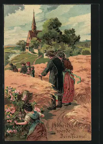 Präge-Künstler-AK Religion, Familie spaziert durch die Weizenfelder