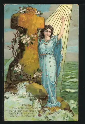 Präge-Lithographie Allegorie Glaube, Maria am Steinkreuz vor dem Meer