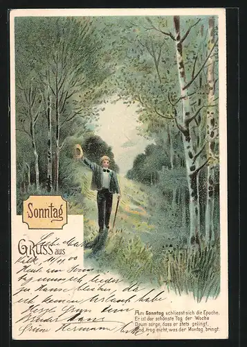 Lithographie Sonntag, Am Sonntag schliesst sich die Epoche..., Wanderer in Wald