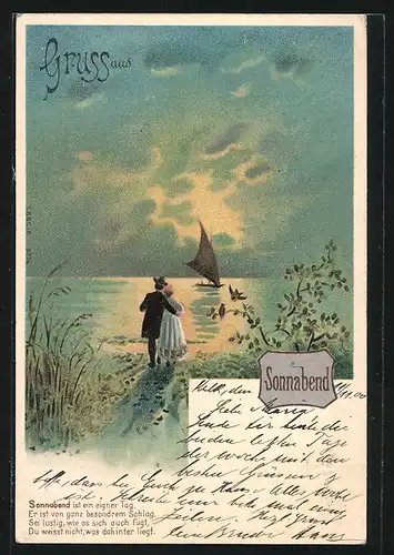 Lithographie Sonnabend ist ein eigner Tag, Paar schaut auf`s Meer hinaus