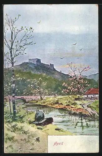 Künstler-AK Flusslandschaft im April, Allegorie