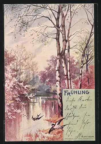 AK Allegorie Frühling, Birken am Wasser