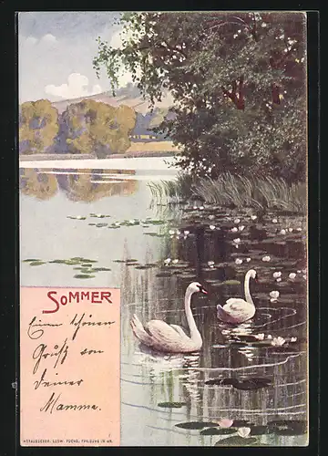 Lithographie Sommer, Schwäne und Seerosen