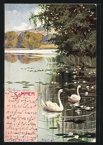 Künstler-AK Allegorie Sommer, Schwäne auf dem See