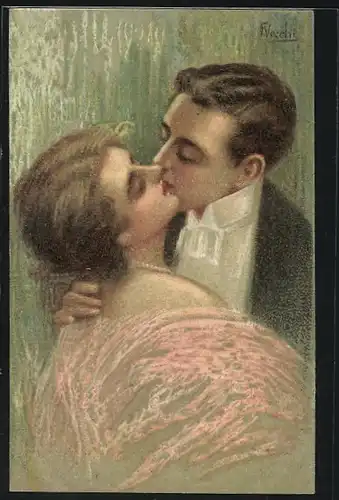 Künstler-AK Küssendes Paar, Art Deco