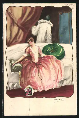 Künstler-AK Dame im Kleid mit Rosen im Bett, Art Deco
