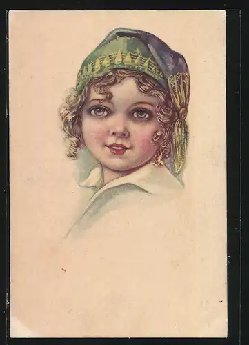 Künstler-AK Mädchen mit Mütze, Art Deco