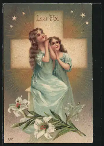 Künstler-AK Betende Mädchen vor einem Kreuz, Allegorie