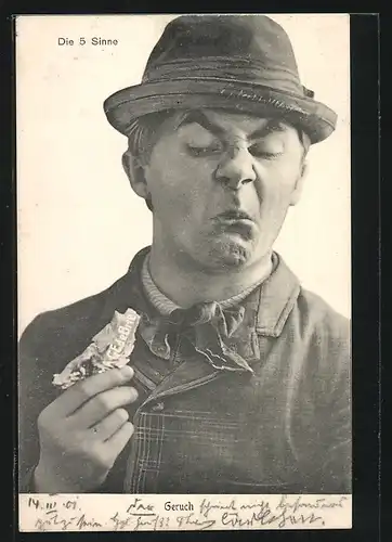 AK Die 5 Sinne, Geruch - Mann mit Käsestück
