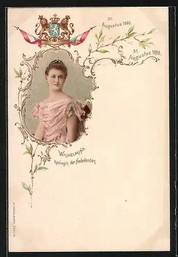 Lithographie Porträt von Wilhelmina, Königin der Niederlanden, 31. August 1880, 31. August 1898, Wappen