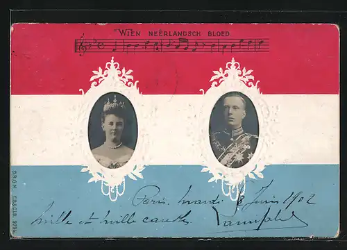 Präge-AK Wien Neerlandsch Bloed, Königin von den Niederlanden mit Gemahl