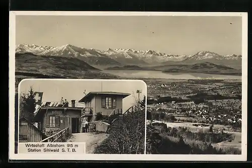AK Sihlwald, Landschaftspanorama mit Alpenblick, die Wirtschaft Albishorn