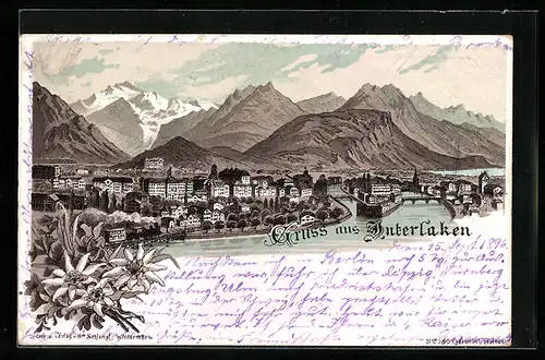 Lithographie Interlaken, Panorama mit Eisenbahn