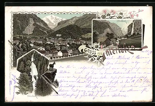 Vorläufer-Lithographie Interlaken, 1895, Totalansicht, Gemse, Staubbach, Giessbach