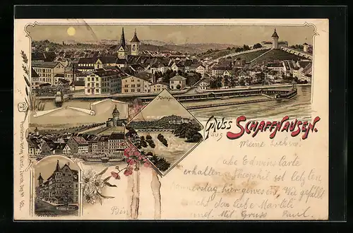Lithographie Schaffhausen, Rheinfall und Oberstadt