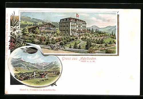 Lithographie Adelboden, Hotel und Pension La Rondinella, Totalansicht aus der Vogelschau