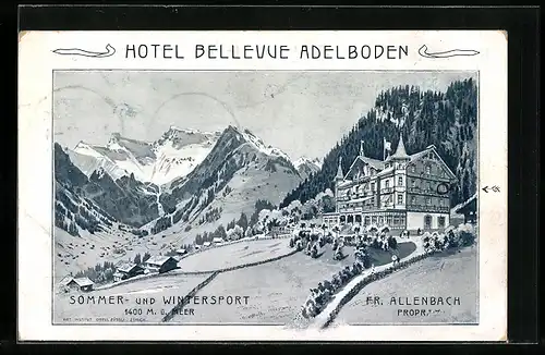 Künstler-AK Adelboden, Hotel Bellevue Fr. Allenbach