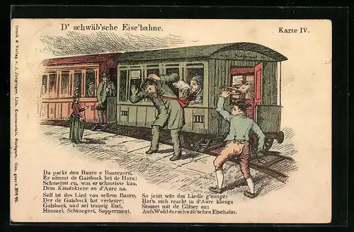 Lithographie D` schwäb`sche Eise`bahne, Bauer schlägt mit dem Ziegenkopf auf einen Schaffner ein, Eisenbahn