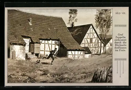 Künstler-AK Graf Zeppelin entkommt durch die Rückseite des Hauses ins Freie