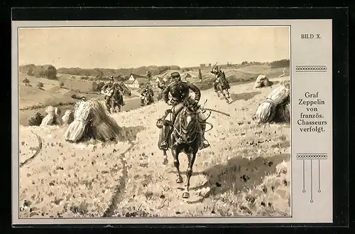 Künstler-AK Graf Zeppelin von französischen Chasseurs verfolgt