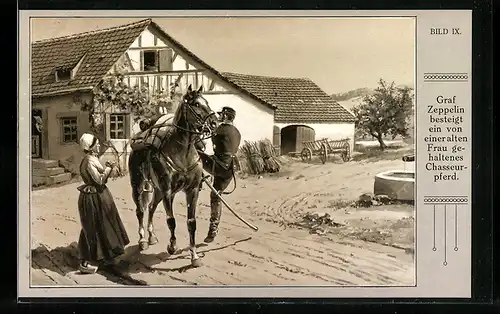 Künstler-AK Graf Zeppelin besteigt ein Chasseurpferd