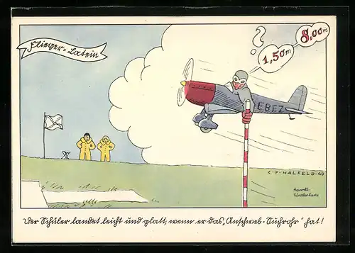 Künstler-AK Flieger-Latein, Der Schüler landet leicht und glatt, wenn er das Anschweb-Suchrohr hat