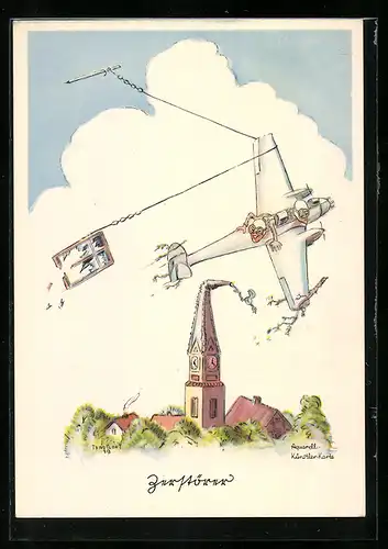 Künstler-AK Zerstörer, Flugzeug nimmt alles mit was geht