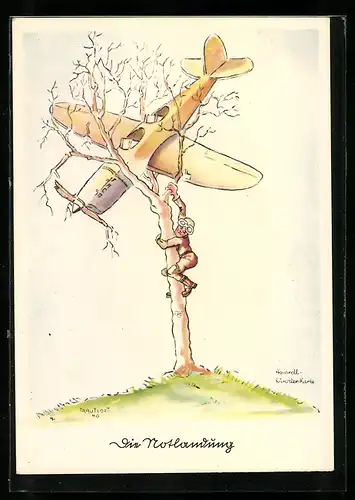 Künstler-AK Kampfflieger nach Notlandung im Baum, Flugzeug